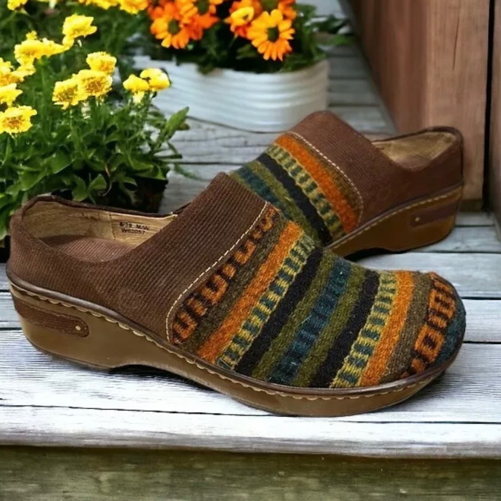 BORN Wool Leather Southwest Aztec Brown Orange Green Women's Clogs Mules 8/39